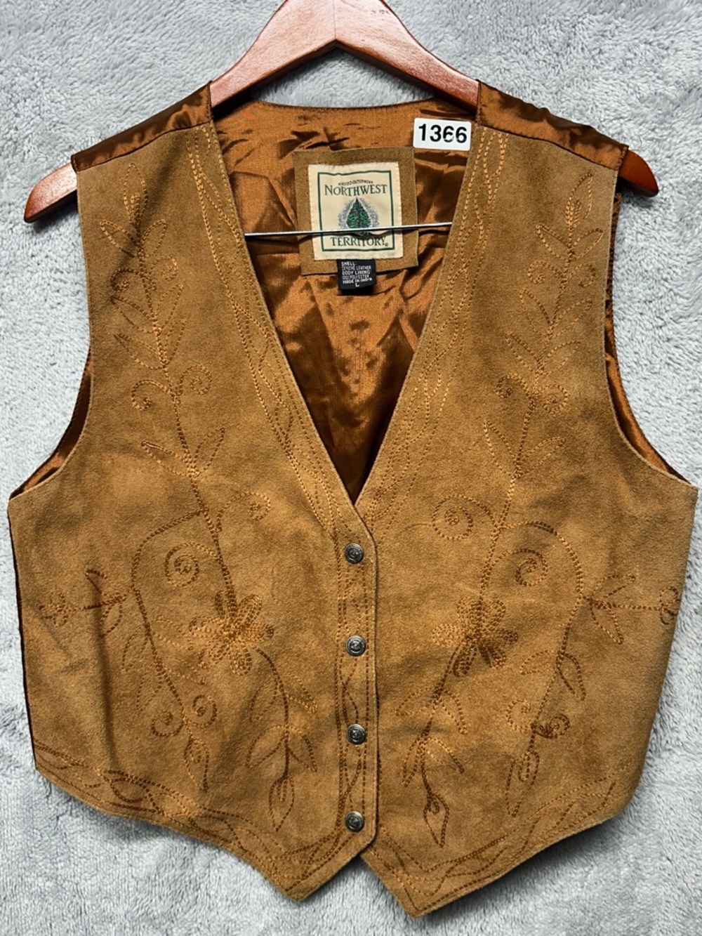 Northwest Territory Leather Western Vest Y2K Embroidered Floral Tan Cowgirl NWT - Picture 1 of 9